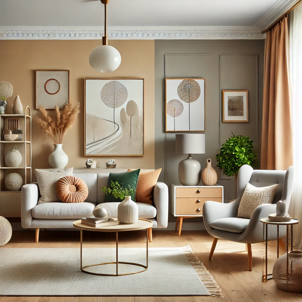 Un salon fraîchement peint avec des murs de couleur douce, des meubles contemporains et des touches décoratives harmonieuses.