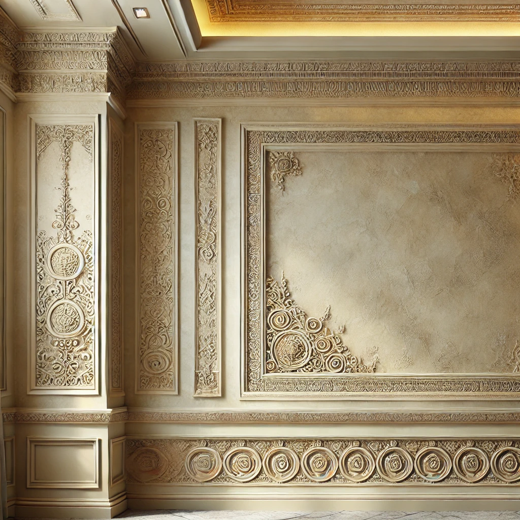 Un mur texturé avec un enduit décoratif, mettant en valeur des détails architecturaux et créant une ambiance chaleureuse et élégante.