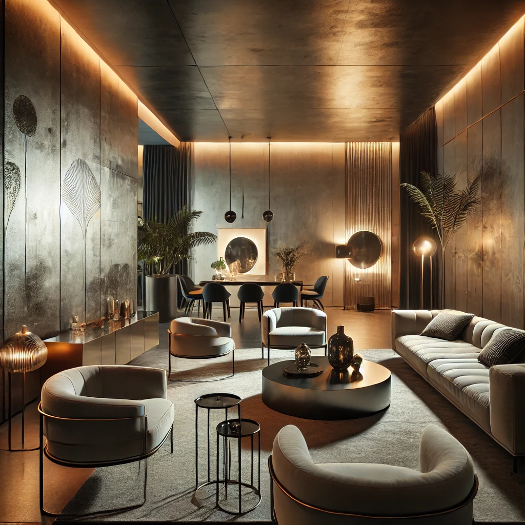 Un mur peint avec un effet métallisé, ajoutant une touche élégante à une pièce moderne, avec des meubles design et des éclairages d'ambiance.