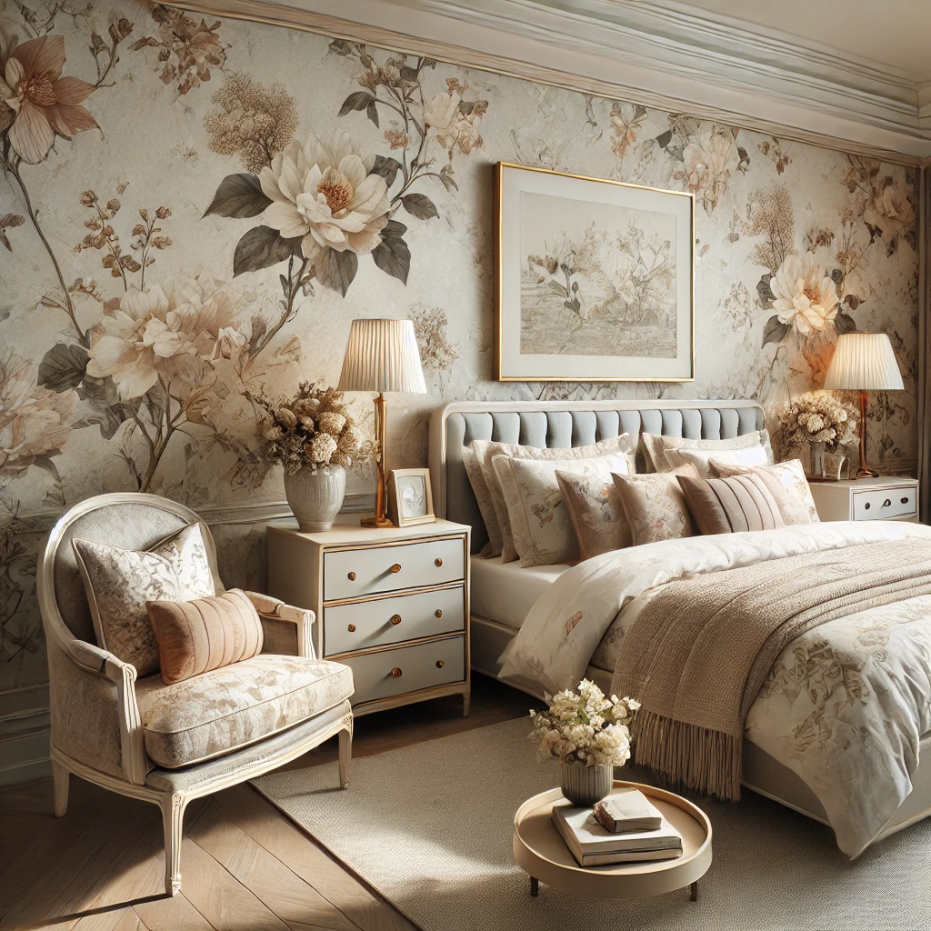Un mur recouvert d'un papier peint floral dans une chambre élégante, avec des meubles assortis et une décoration soignée.
