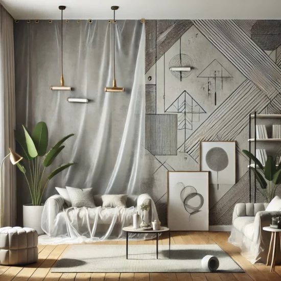 Un mur recouvert de toile de verre, prêt à être peint dans une couleur tendance, avec des meubles modernes et des accessoires décoratifs.