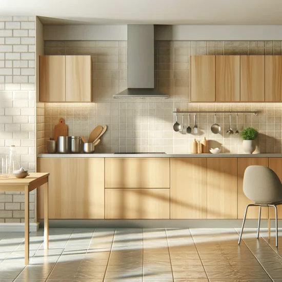 Un sol carrelé dans une cuisine moderne, avec des carreaux en céramique de couleur neutre, des meubles contemporains et des touches de décoration élégantes.