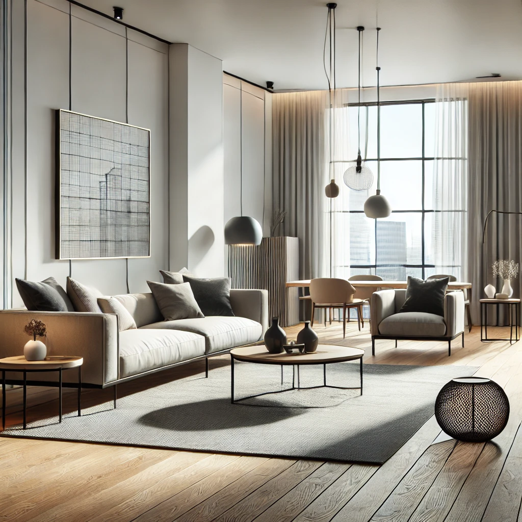 Un sol stratifié dans un salon moderne, avec des meubles contemporains, des touches de décoration minimalistes et une ambiance chaleureuse.